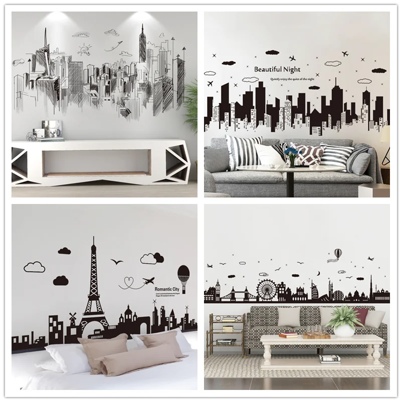 

[SHIJUEHEZI] Black Buildings Wall Stickers for Living Room Bedroom Decoration Vinyl DIY European Style Wall Decals