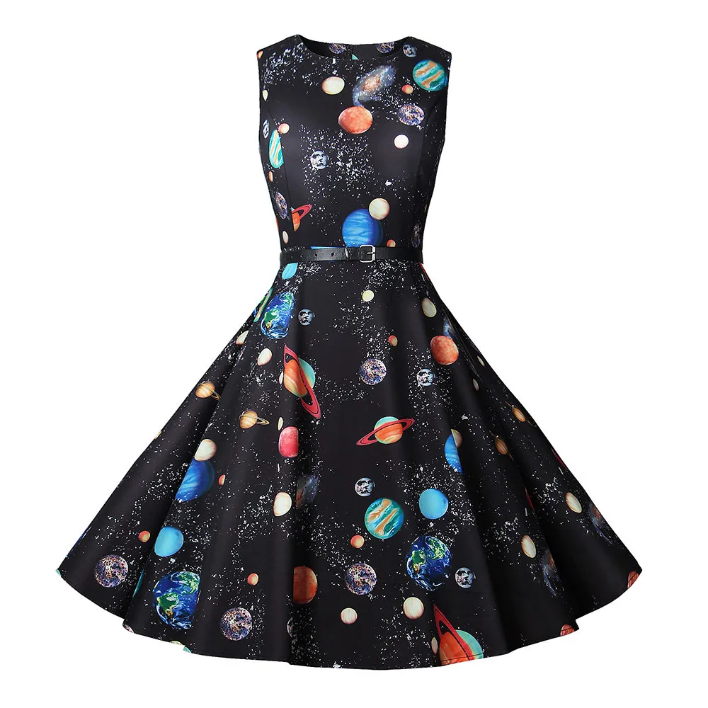 

Women Dress Sleeveless Neck Evening Printing Party Prom Swing Dress