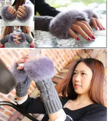 10 пар Марка зиму Теплый Имитация искусственного меха кролика Для женщин перчатки вязаный пэчворк опера перчатки Половина Finger варежки
