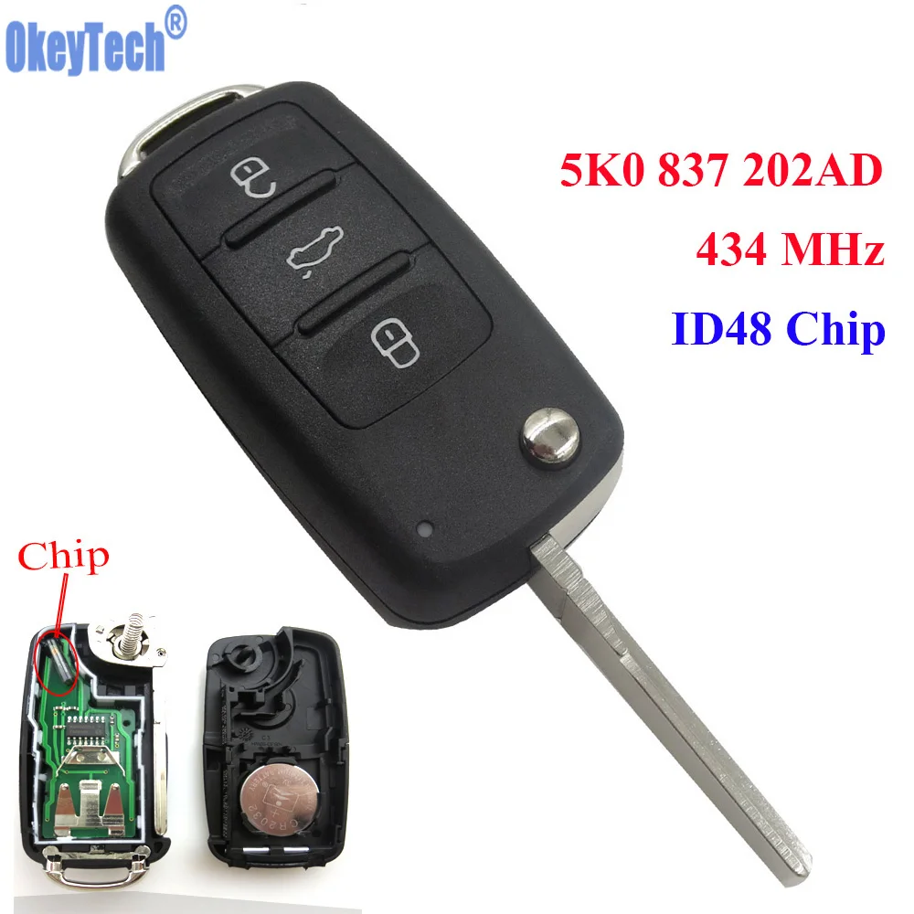 Volkswagen Key Fob OkeyTech Car Remote Flip Key Fob 434MHz ID48 Chip for VW /Volkswagen