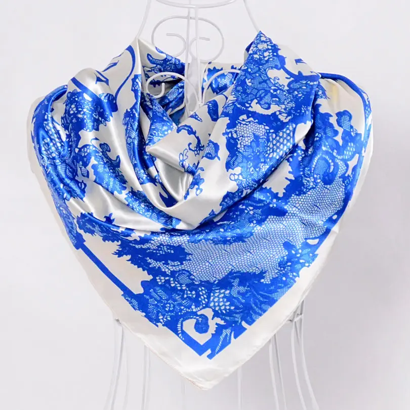 [BYISFA] женский шелковый шарф Обертывания Европейский стиль дизайн атласный большой квадратный шарф с принтом бренд женский синий шелковый шарф 90*90 см - Цвет: lace blue white