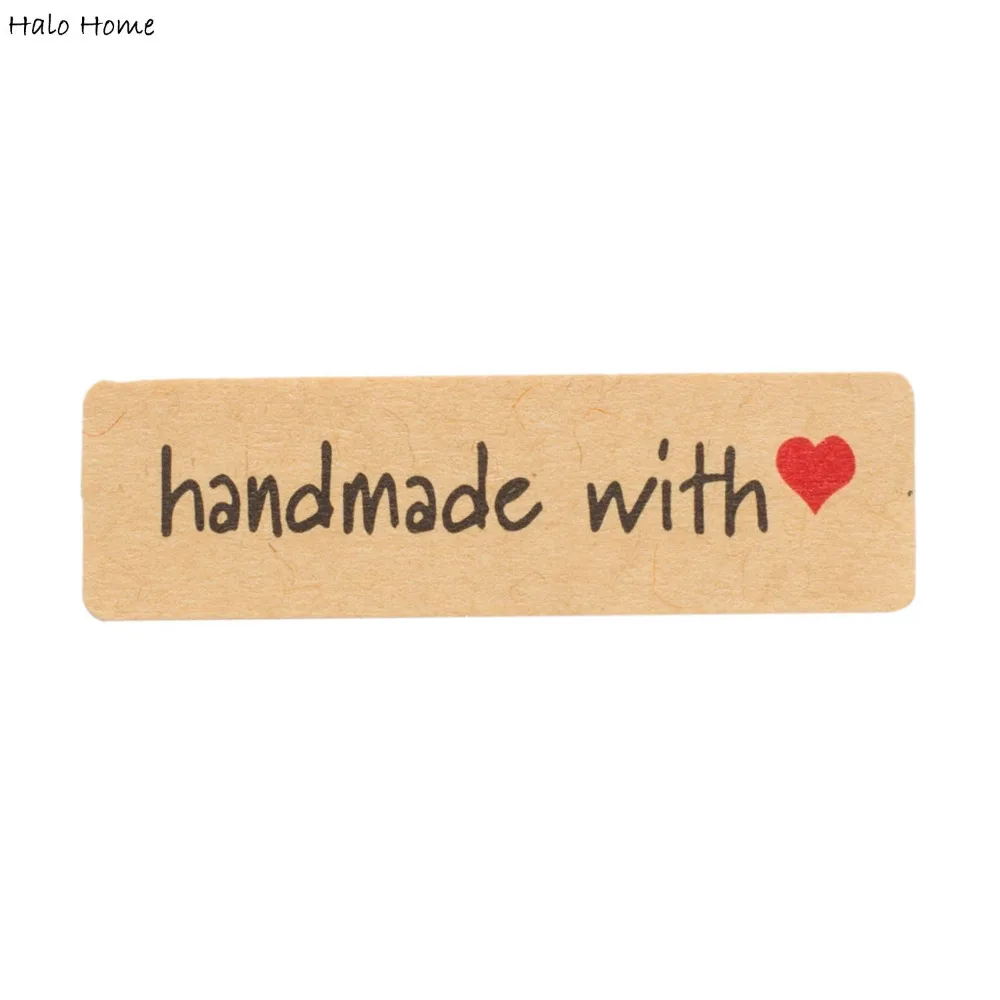 

60 Piece Khaki Rectangle Shaped Handmade with Red Heart Letters Paper Labels Sealing Stickers Decoration 45x13mm