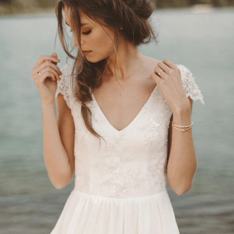 LORIE, Пляжное свадебное платье, v-образный вырез, короткий рукав, а-силуэт, шифоновая юбка, кружевной верх, открытая спина, бохо, платье невесты, свадебное платье