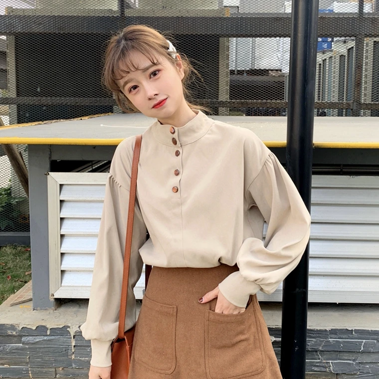  Lychee Girls Button Sweet Blouse Long Puff Sleeve Stand Collar Women Blouse Shirt Spring Autumn Off