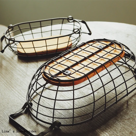 hand crafted loft vintage industrial metal oval wire basket with wood