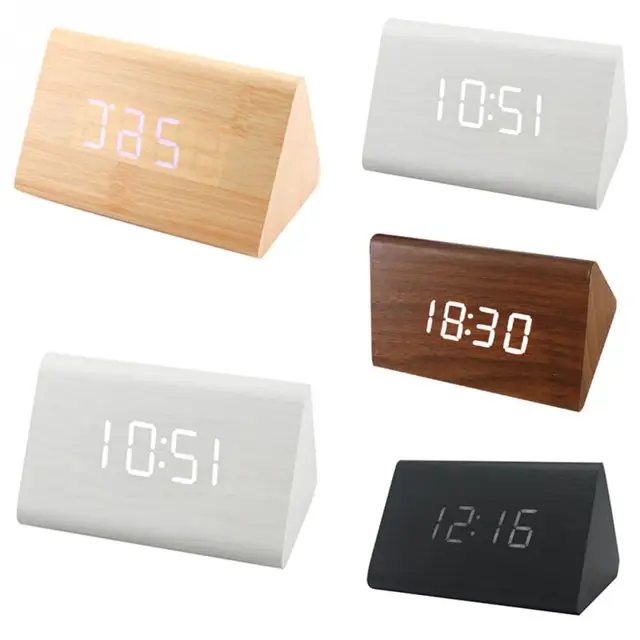 Home Decor Digital Sound Voice Control Alarm Clocks Wood LED Light Time Temperature Display Wooden Alarm Clock