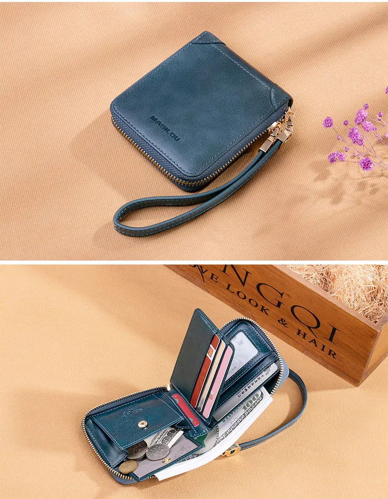 Women's Wallets Vintage Oil Wax Leather Short Wallet Genuine Leather Women Wallet Zipper Small Purse Female Mini Slim Coin Purse