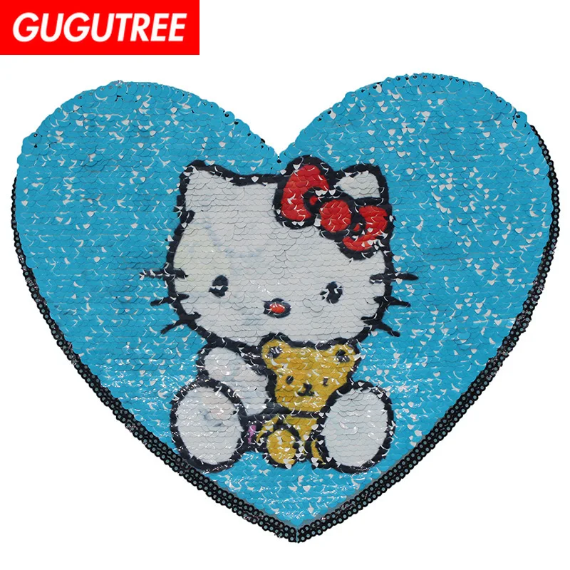 

GUGUTREE Sequins embroidery big love heart patches cats cartoon animal patches badges applique patches for clothing XC-383