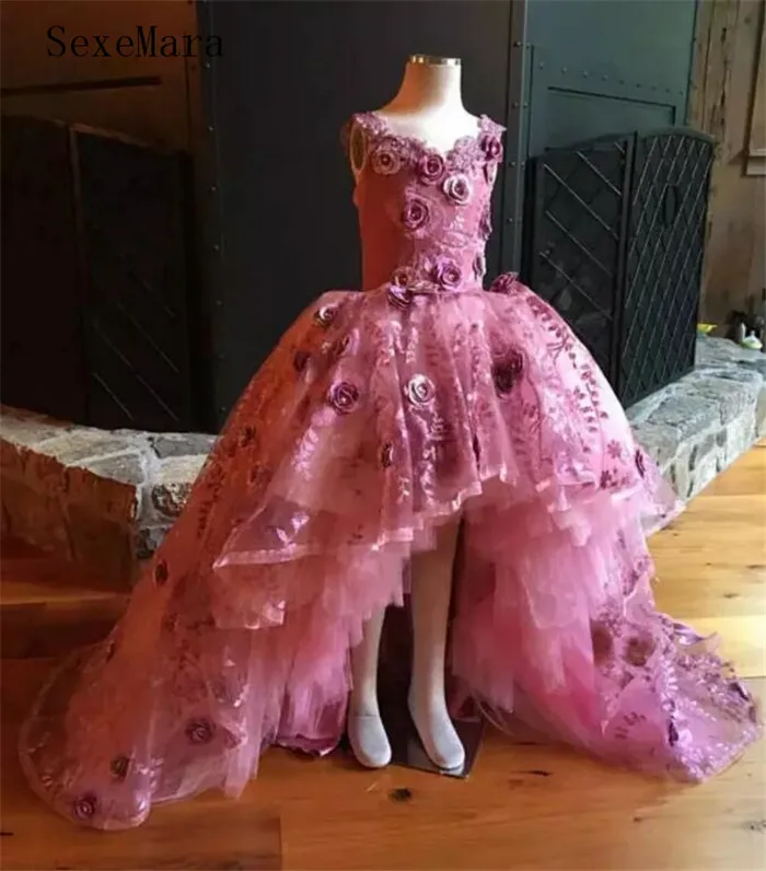 

Pink Flower Girls Dress For Wedding Lace 3D Flower Appliques Hi Lo Little Girls Pageant Dress Girls Birthday Dresses Size 2-16Y