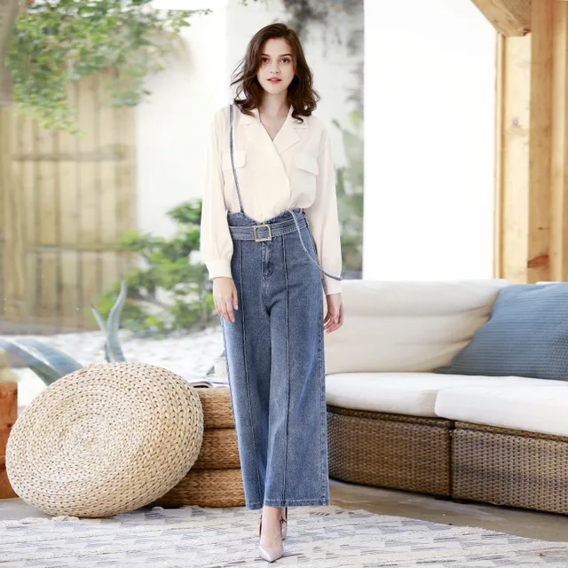 European and American women's high waist bib women's denim loose suspenders straight wide leg trousers European and American women's high waist bib women's denim loose suspenders straight wide leg trousers