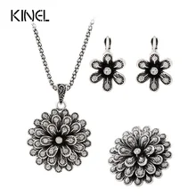 Роскошные 3 шт., модные свадебные ювелирные наборы, цвет серебряный, Ретро стиль, Хрустальный цветок, ожерелье, кольцо, серьги, африканские бусы, комплект ювелирных изделий