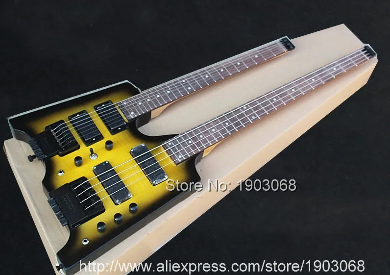 

Double necks Headless Electric guitar with Flamed Maple top, 6 string Guitar + 4 string Bass Combo,24F sunburst Guitarra