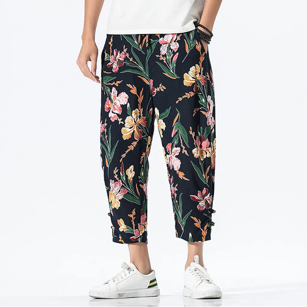 Pantalones hombre 2019 мужские повседневные винтажные свободные хлопковые льняной с принтом лоскутные брюки до щиколотки calca masculina