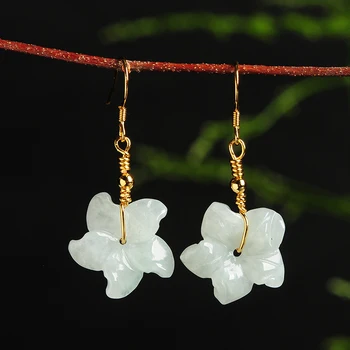 

2019 new original 925 silver inlaid natural A goods retro female models jade petals earrings with certificate