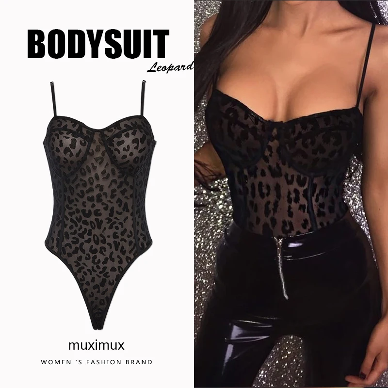 

2018 Spring Women Black Bodysuit Sexy Club Summer Party Long Sleeve Bodycon Leopard Mesh Spaghetti Strap Bodysuit Women Female