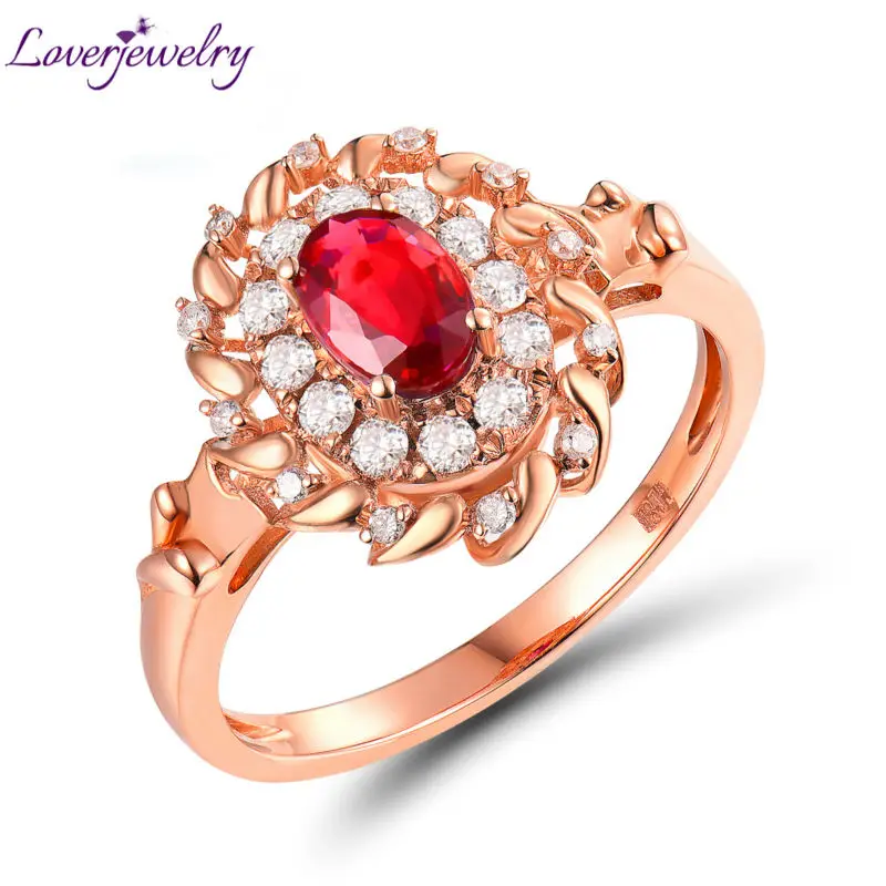 

Fine Jewelry Rings Newest 18K Rose Gold Genuine Diamond Women Ring Oval 4x6mm Red Ruby Engagement Rings For Ladies Jewelry Gift