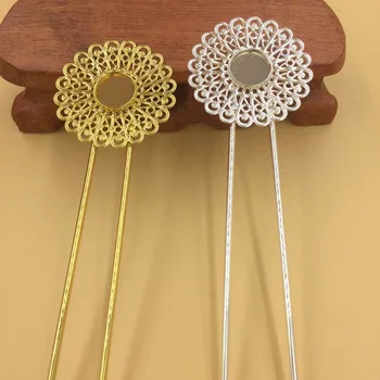 

Retro Hairstick Hairwear 12mm Round Smooth Bezel Cabochons Bases Circle Filigree Flower Women's Bride Hair Clips DIY Findings