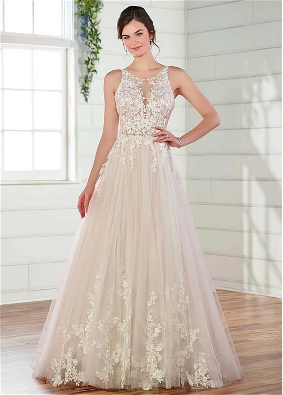 Jual Yang Tulle Leher Sendok A line Pernikahan Gaun dengan Renda Appliques Tujuan Manik manik Sabuk Bridal Gaun Vestidos De Noiva