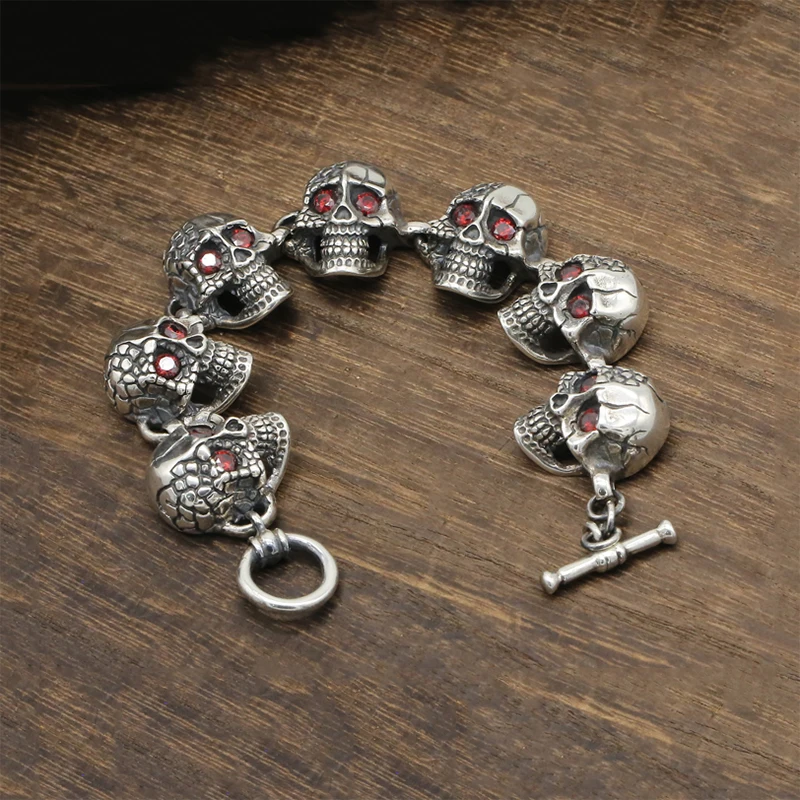 Punk-Skull-Charm-Bracelet-100-Real-925-Sterling-Silver-Jewelry-Men-Women-Inlaid-natural-stone-Chain