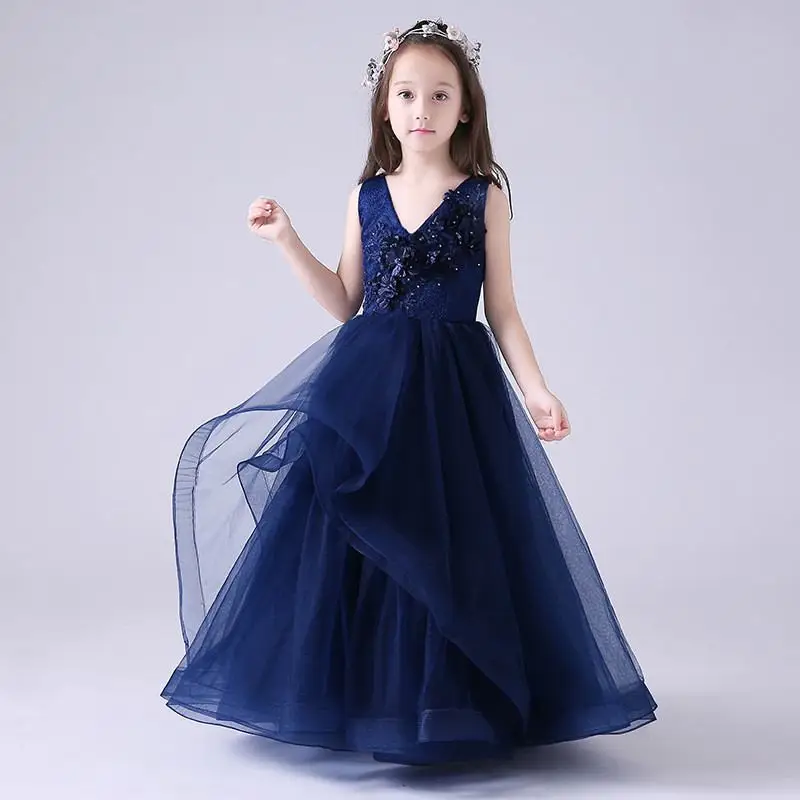 

2019 Kids Girl Pearls Mesh Princess Pageant Dress Children Lace Wedding Christmas Party Dresses Baby Girls Elegant Ball Gown Q26