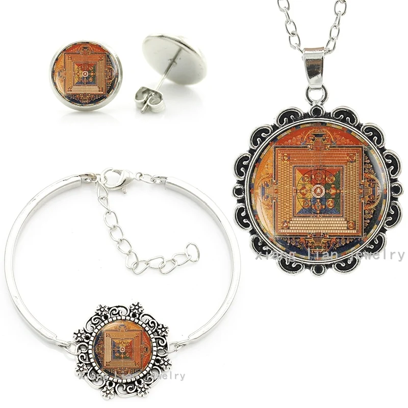 

New Handmade glass art Buddhist Mandala choker necklace earrings bracelet set Spiritual Sacred geometry Dubai jewelry sets HT072