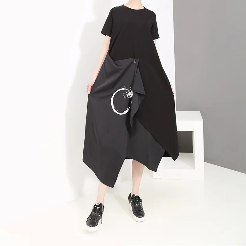 

Johnature Print Solid Color Spliced 2019 O-neck Spring Summer New Japanese Knee-length Dress Women Button Short-sleeve Dress