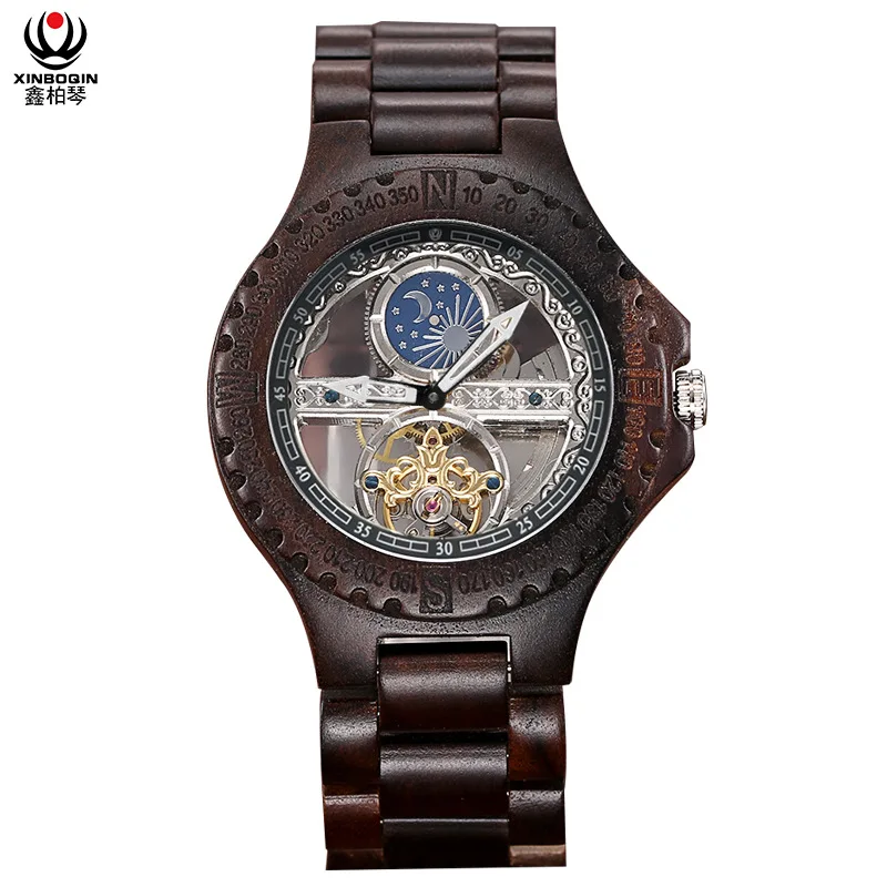 

2019 new Retro Fashion wooden watches automatic manipulator table hollowed waterproof men's creative watches