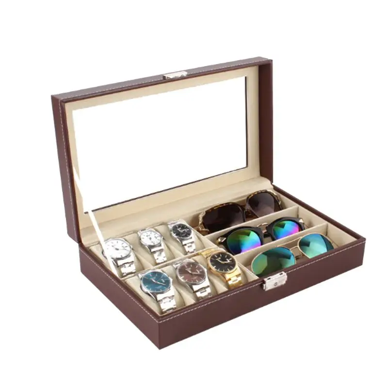 

6 Slot Men Watch Glasses Box Leather Display Case Organizer Jewelry Storage