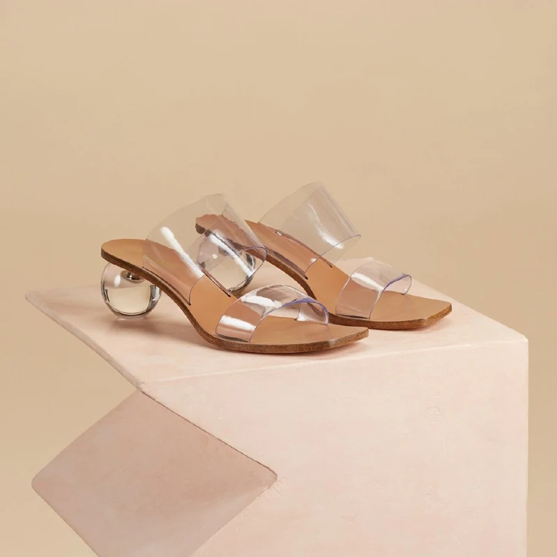 Boussac Transparent Geometric Ball Heel Slipper Sandals Vintage Square Toe High Women Crystal PVC SWC0661 | Обувь