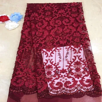

2019 New African Lace Fabric High Quality French 3D Tulle lace With Beads Embroidery Nigerian Net Lace Fabrics 5Yards Red A1902