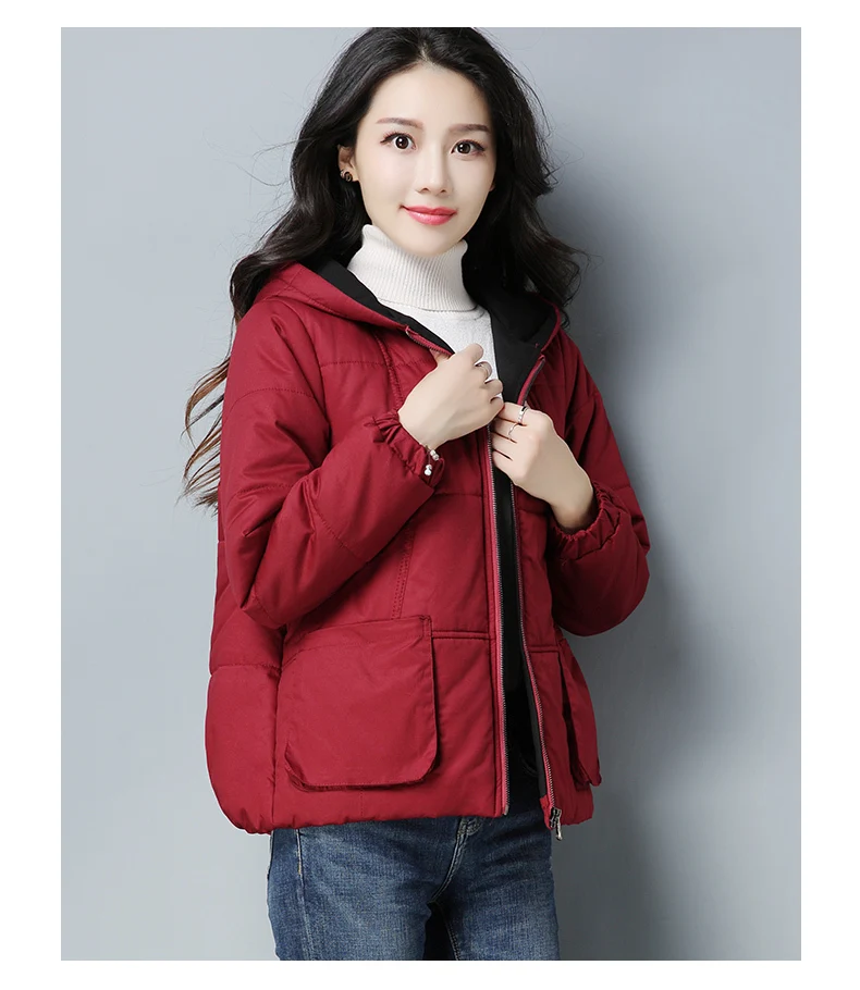 2018 Новый корейский стиль плюс Размеры тонкий короткий жакет Повседневное карман с капюшоном Для женщин зимнее пальто небольшой хлопковой