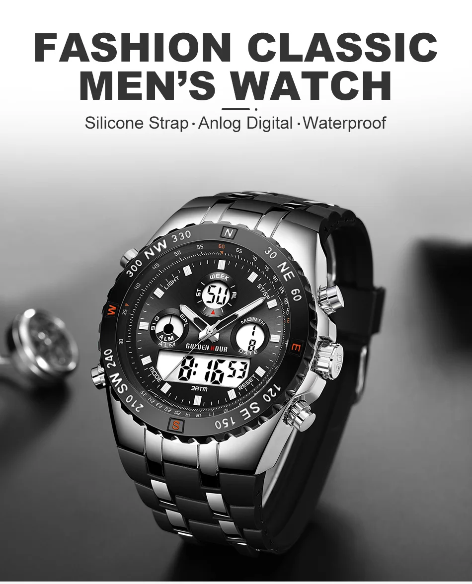 GOLDENHOUR Männer Sportuhren Analog Digital Dual Display Mann Outdoor Militär Schwarz Gummi Armbanduhr Leuchtend_voghion.com