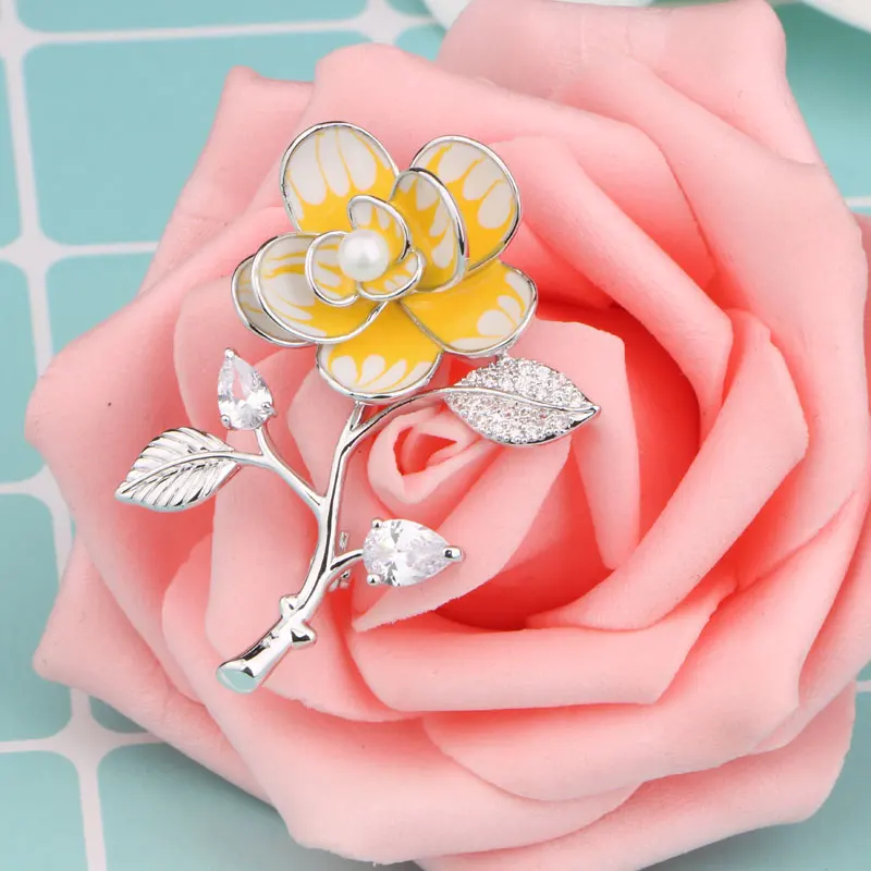 CHUKUI Delicate Yellow Enamel Flower Brooch Zircon Crystal Plant Corsage Women Girls Dress Clothes Jewelry Pins  (6)