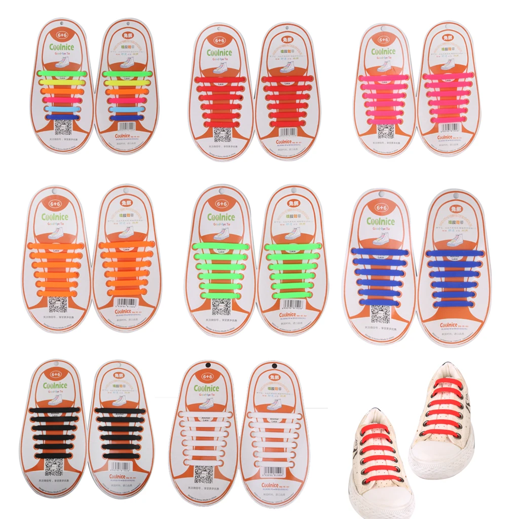 

12pcs/lot Kids Adults Easy No Tie Elastic Silicone Shoelaces Colorful Lacing Rubber Zapatillas Shoe Laces Shoes Accessories