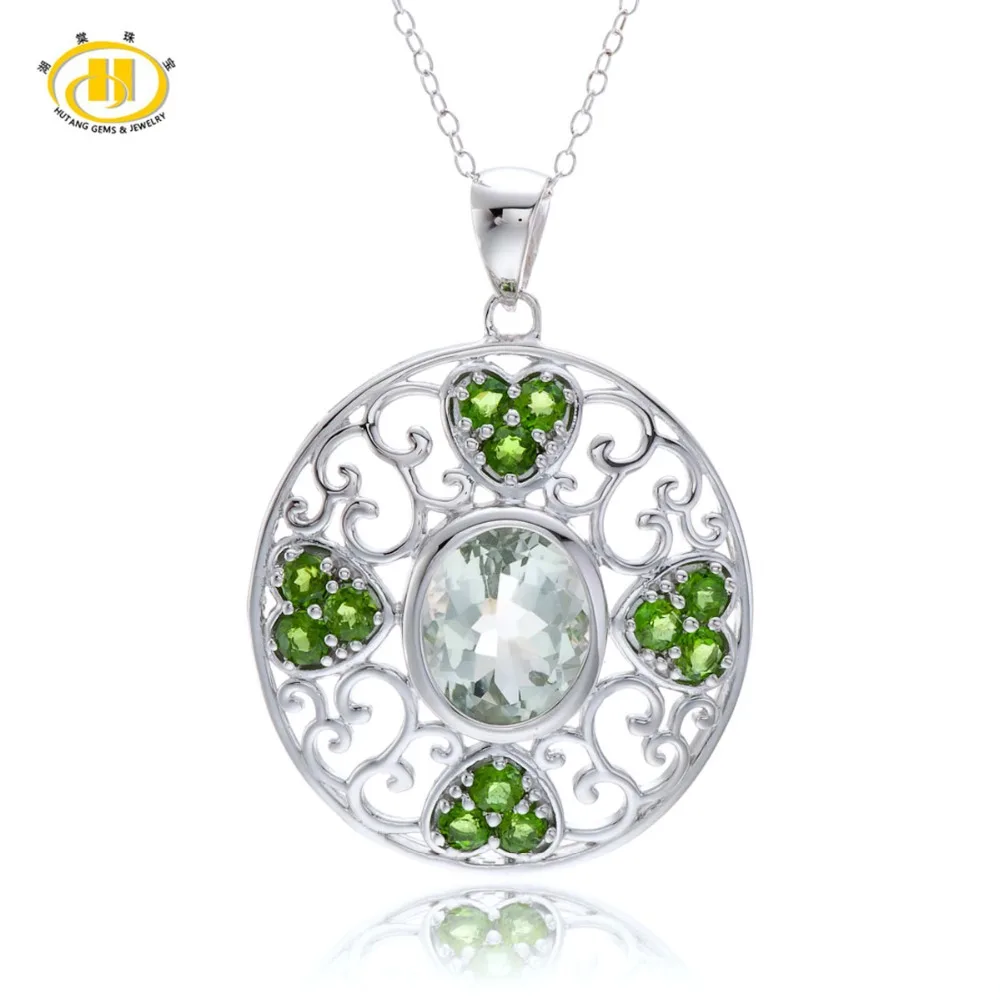 Hutang 5.75 Ct Chrome Diopside Sterling Silver 925 Pendant Necklace Filigree Women Fine Jewelry Free Shipping