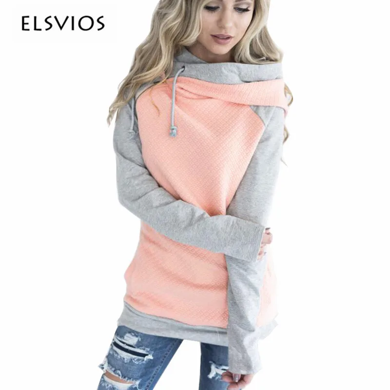 ELSVIOS 2017 Double Hood Hoodies Sweatshirt Women Autumn Long Sleeve Side Zipper Hooded Casual Patchwork Hoodies
