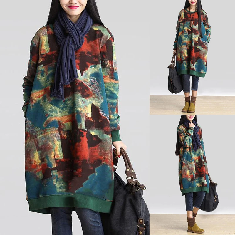 2018 Autumn Women Oversize Loose Sweatshirt Plus Size Warm Hoodie Pullover Top Vintage Retro Dresses Long Hoodies Dress Printed Hoodies