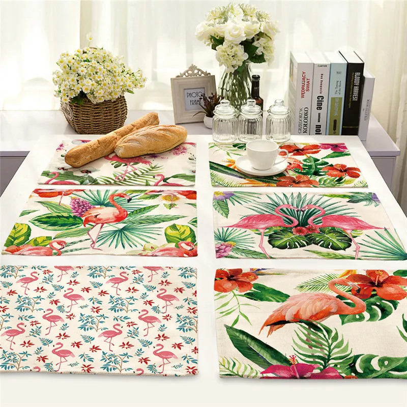 

1Pcs Flamingo Tropical Monstera Pattern Placemat Coaster Dining Table Mat Cup Mat Cotton Linen Pad 42*32cm Home Decor MA0011