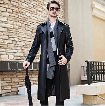 

M-4XL ! new men's autumn winter brand leather coat plus size suit collar Leisure lengthened trench coat overcoat
