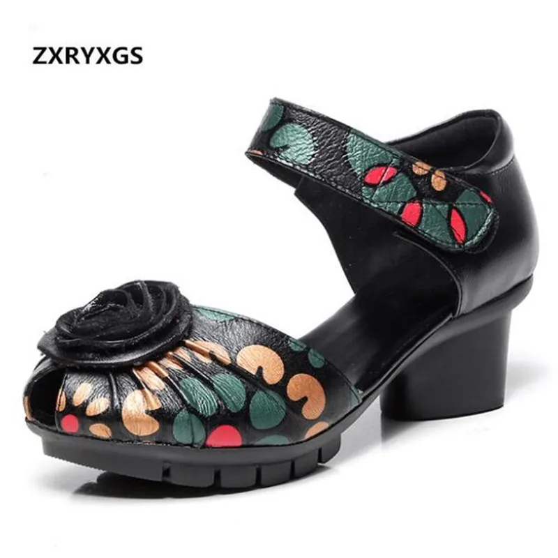 

2019 New Summer Ethnic Style Printing Genuine Leather Shoes Woman Retro Flower Women Sandals Non-slip Comfort High Heel Shoes
