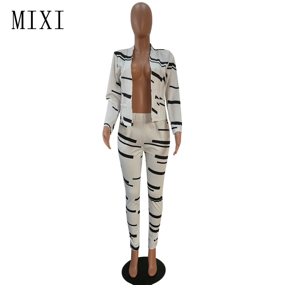 MIXI Spring Women Two Piece Set Printed Jumpsuit Casual Work Office Ladies Long Sleeve Overalls Elegant Jumpsuit Bodycon Rompers