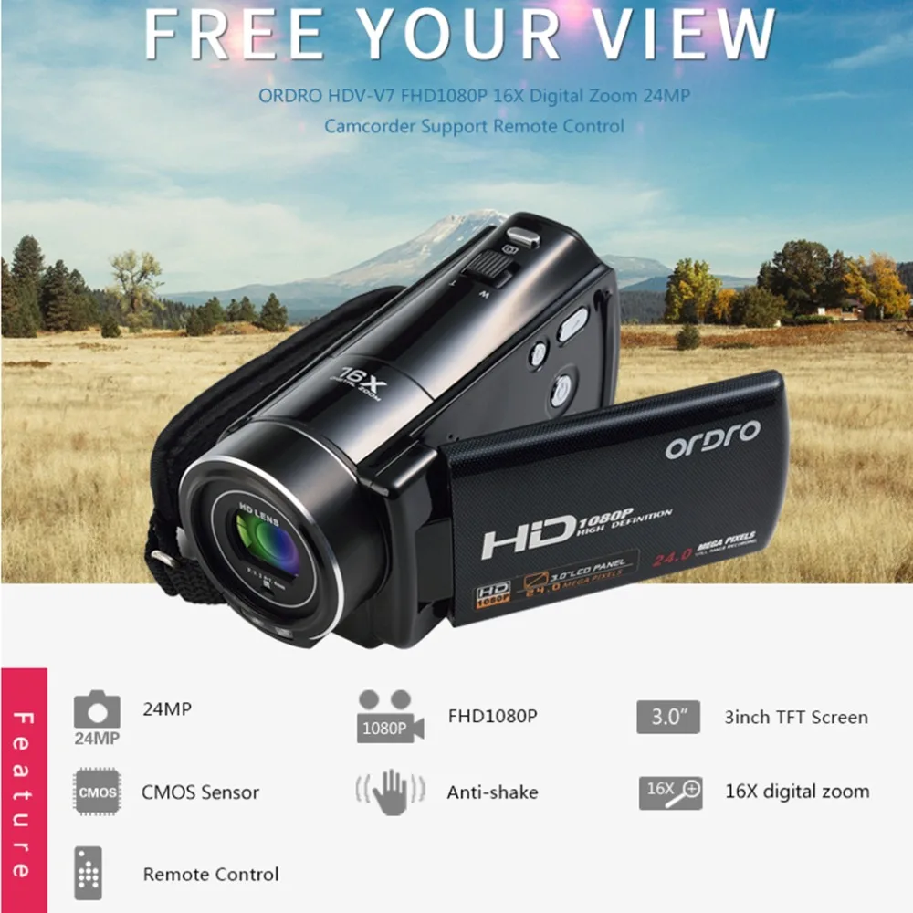 

ORDRO 3.0 Inch LCD Screen 1920*1080P Full HD Video Camera Portable Outdoor Indoor Face Capture DV Camcorders HDV-V7