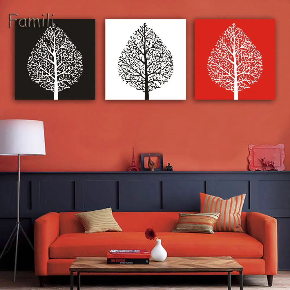 

Unframed Abstract black and red and white still life 3 panels canvas wall art tree oil paintings for living room wall pictures