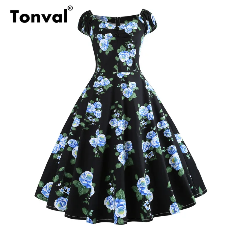 

Tonval Pin Up A Line Plus Size Blue Floral Dress Button Rockabilly V Neck Party Elegant Dresses Women Cap Sleeve Vintage Dress