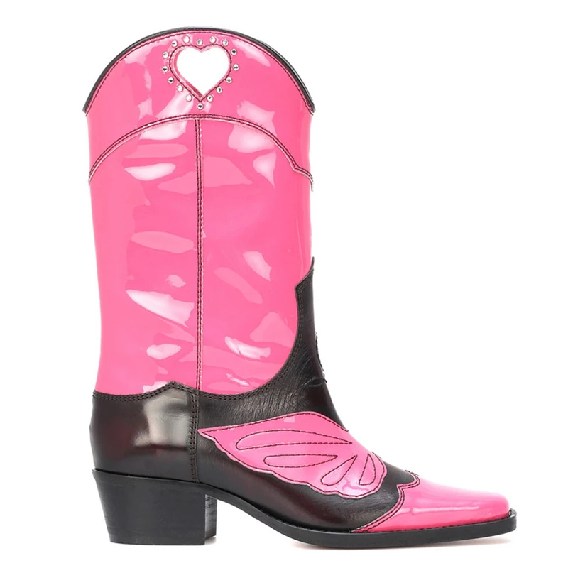 BuonoScarpe/Лоскутные женские ботинки до середины икры с узором в виде бабочек; разноцветные ботинки из натуральной кожи в стиле ретро; Botas Mujer; ботинки в западном стиле с перфорацией