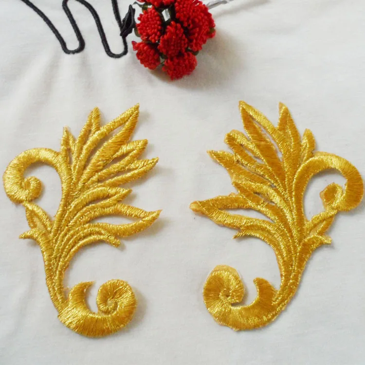 Gold leaf embroidered patches for clothing iron on patches bordados Gold leaf embroidered patches for clothing iron on patches bordados