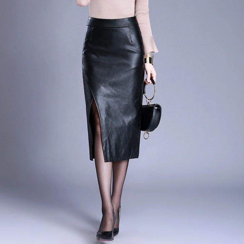 

New Women Autumn Winter Slim High Waist Faux Leather Skirts Ladies Sexy Split PU Leather Long Pencil Large Size 4XL Skirts O334