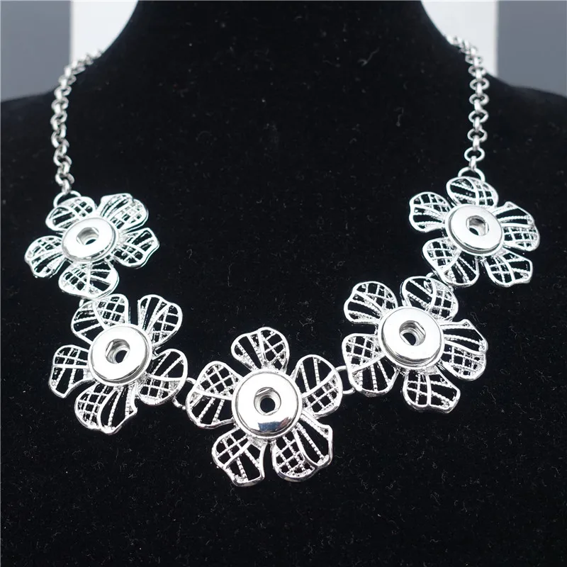 

5 Flowers Connector Metal 12mm Snap Buttons Choker Necklace Fashion Link Chain Jewelry