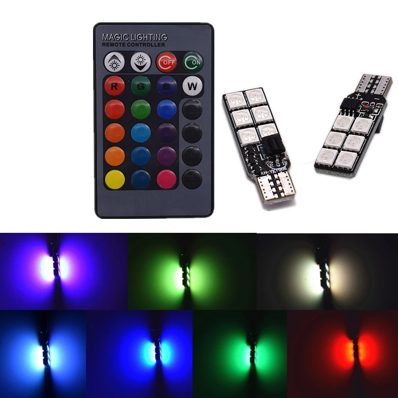 2pcs T10 W5W 5050 15SMD RGB LED Bulbs With Remote Control Strobe Flash