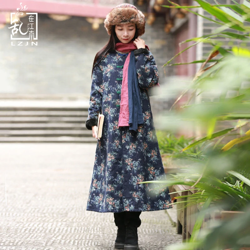 

LZJN Fleece Trenchcoat Vintage Cardigan Round Neck Windbreaker Long Duster Coat Floral Winter Jacket Women Faux Fur Coat 01239